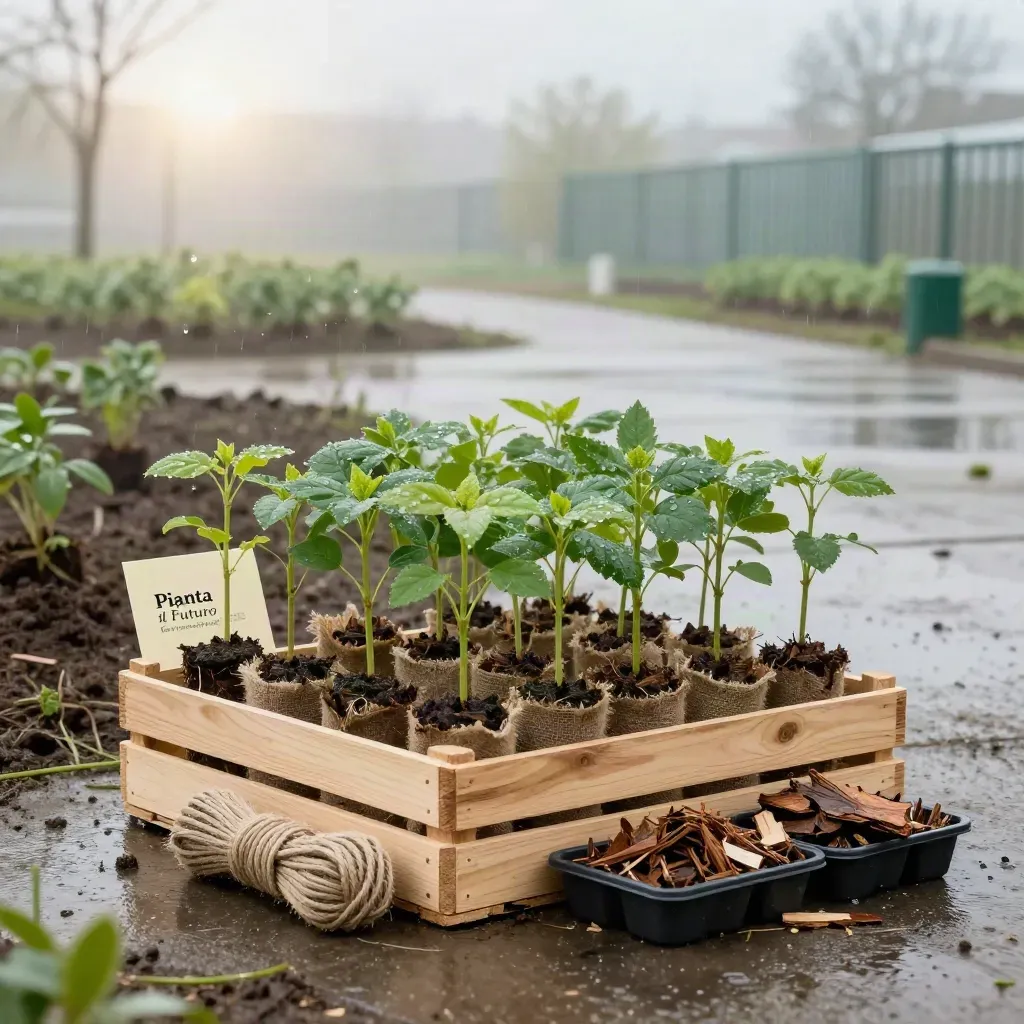 Kit di riforestazione urbana con giovani alberi, juta, corda e cassa su suolo bagnato.