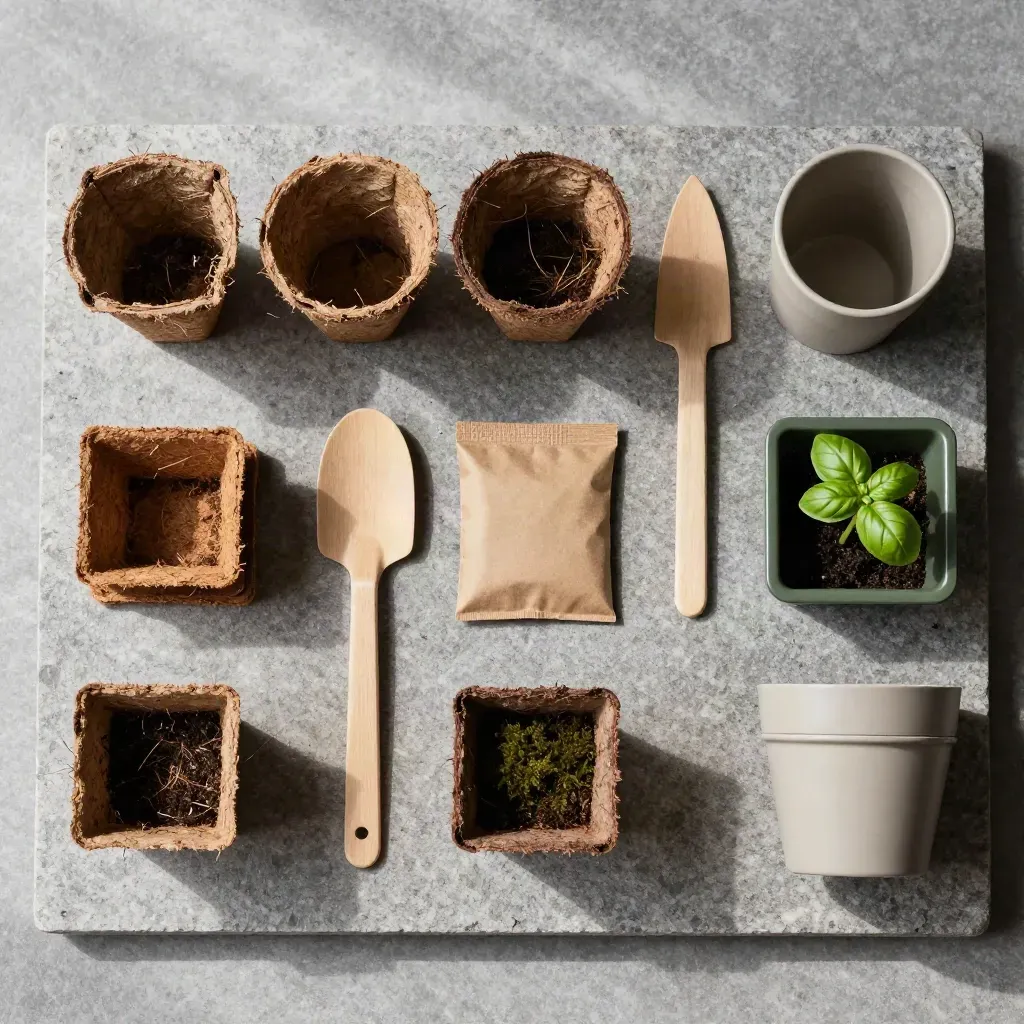 Kit orto scolastico visto dall’alto con vasetti compostabili, cocco, palette e semi su pietra chiara.
