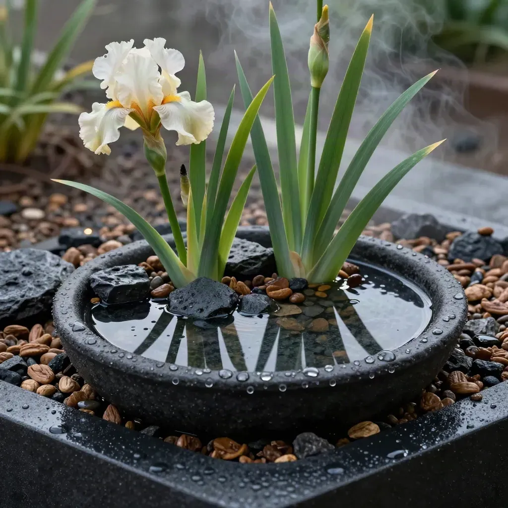 Mini giardino pluviale con ghiaia, iris, carex, pietre scure e acqua raccolta in luce drammatica.