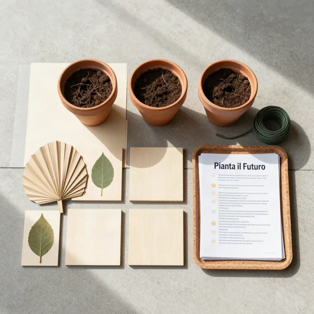 Kit didattico per workshop clima scolastico con vasetti, foglie, cordino e vassoio di sughero.