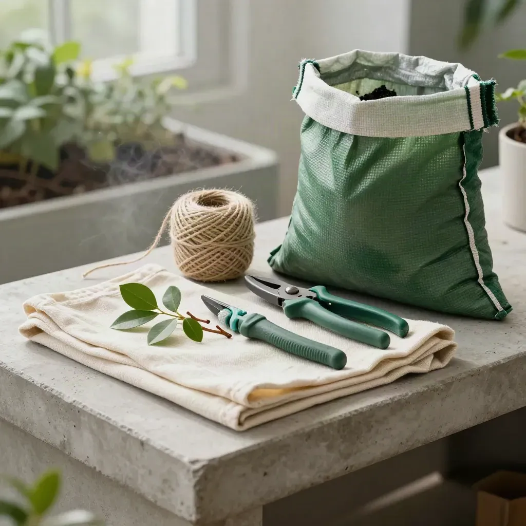 Kit per manutenzione verde trimestrale con cesoie, guanti, spago, panno e compost su cemento chiaro.