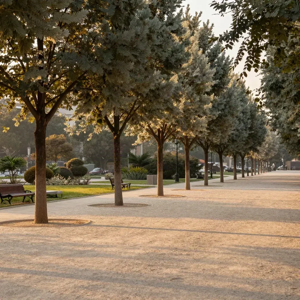 Viale di parco al tramonto con giovani alberi e panchine lontane